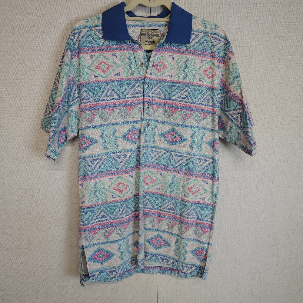 Vintage Wrangler Rugged Wear Polo Mens M(estimated) Blue Pink Aztec Southwestern